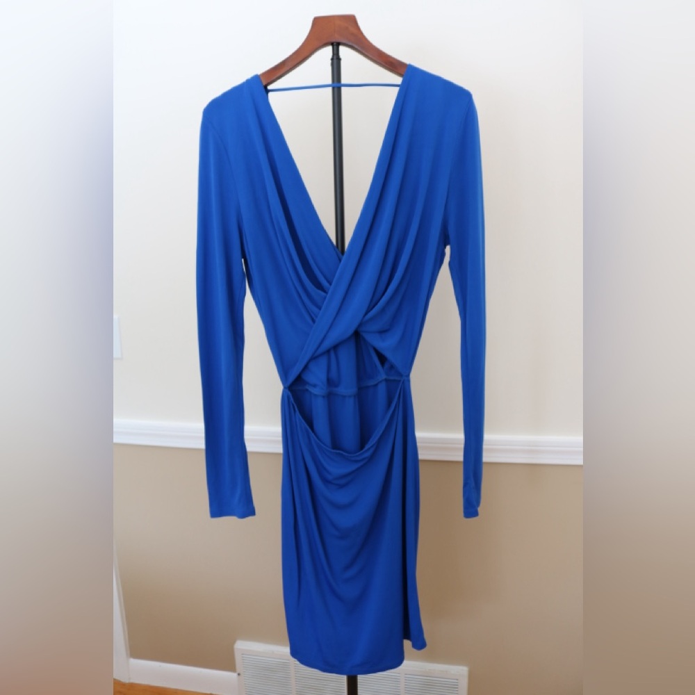 Elegant Blue Draped Women's Dress with Open Back